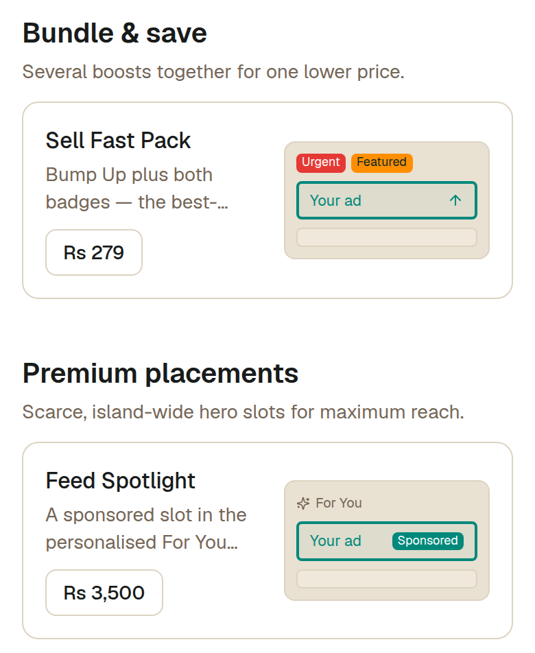 Bundles and premium slots. Sell Fast Pack is a bump, an urgent tag and a featured badge together for less than the three cost separately. Feed Spotlight and Car of the Week are reserved slots — only one ad holds each at a time, which is why they cost what they do.
