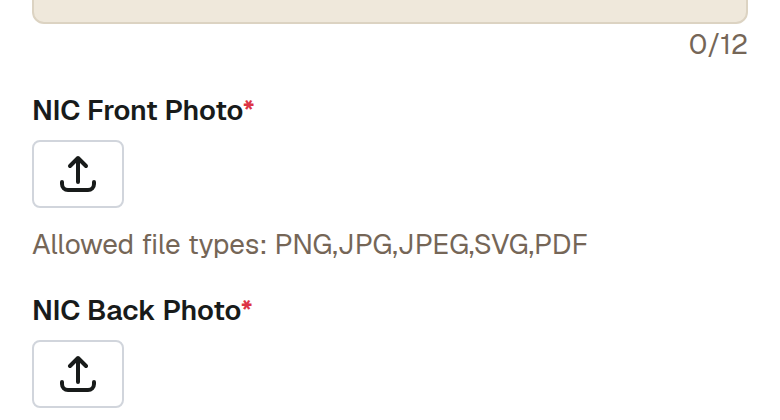 Add a photo of the front of the NIC and a photo of the back. Lay the card flat in daylight, fill the frame, and check that the number and your name are readable before you upload. A photo or a PDF is fine — the accepted types are listed under each box.